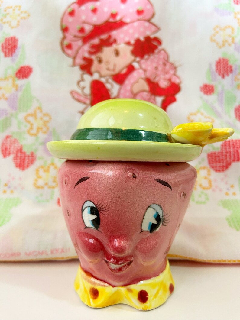 Rare Vintage Happy Strawberry Collectible Salt and Pepper Shakers or Cake Topper image 1