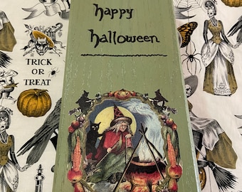 Vintage Halloween Witch Genuine Wood Collectible Paddle Sign