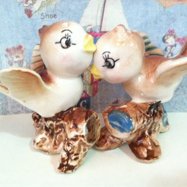 VERY RARE Vintage Birds on Cherry Tree Branches Salt and Pepper Shakers Antique Collectibles or Cake Toppers