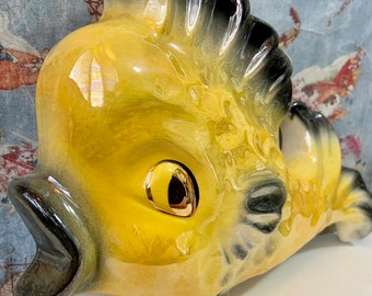 VERY RARE Vintage Pearlescent Yellow Fish Wall Planter Wall Pocket Wall Plaque Ceramicraft Collectible