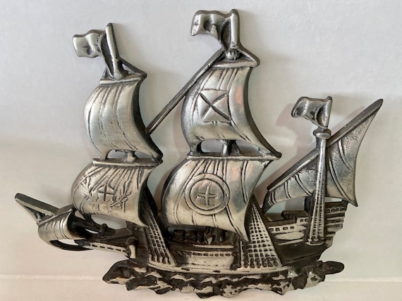 RARE Vintage Pirate Ship Collectible Antique Metal Pewter Wall