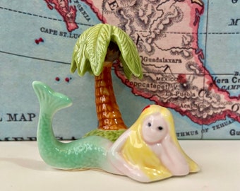 Vintage Miniature Pinup Mermaid and Coconut Tree Collectible Bone China Figurines With Tags