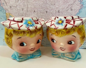 Vintage Lefton Miss Priss Cat Cookie Jar: Blue Floral Hat, Retro