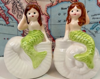 Vintage Mermaids on Seashells Collectible Salt and Pepper Shakers or Cake Toppers