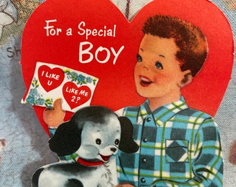 Vintage NOS Sweet Blue Eyed Boy With A Puppy Dog Free Standing 3D Standup Valentine's Day Card New Old Stock