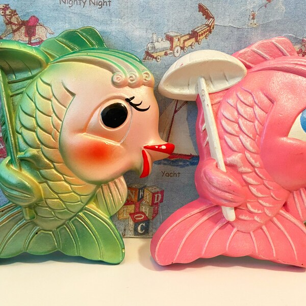 Vintage Pink and Green Tropical Exotic Fish Set Wall Plaques or Wall Hangings Miller Studio Inc Collectibles AS IS