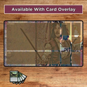 May include: A brown and beige playmat with a picture of a man holding a sword. The playmat is divided into sections labeled "Battlefield", "Lands", "Library", "Graveyard", "Command", "Exile", "Life", and "Tokens".
