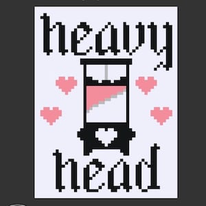 May include: A pixel art design featuring a black guillotine with a pink blade and a heart-shaped cutout at the base. The text "heavy head" is written in black pixelated letters above and below the guillotine, flanked by four small pink hearts.