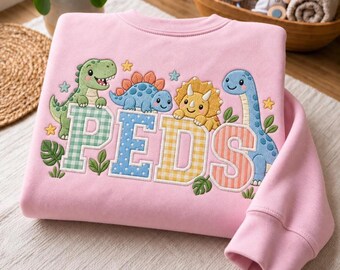 Embroidered Peds Dinosaur Sweatshirt, Cute Dino Applique Crewneck, Pediatric RN Nurse Sweater, T-Rex Hospital Nursing Student Gift Pullover