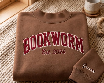 Embroidered Bookworm Mockneck Sweatshirt, Custom Book Lover Crewneck, Vintage Applique Varsity Reading Sweater, Gift For Readers Her
