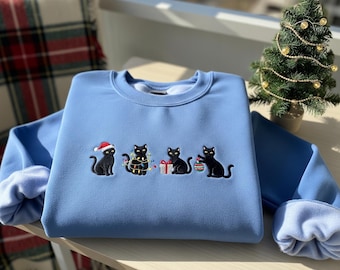Christmas Black Cat Embroidered Sweatshirt, Cute Cat Lover Holiday Crewneck, Festive Cat Mom Gift, Trendy Winter Hoodie