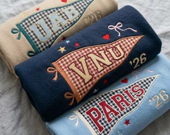 Custom Embroidered University Pennant Sweatshirt, Personalized Varsity College Name, Gingham Applique Tee, Graduation Gift, Back To School