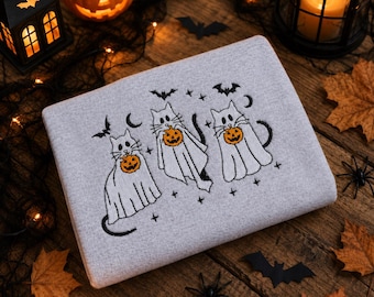 Halloween-Geist-Katze Stickerei, gruseliges Katzen-Sweatshirt, süßes Halloween-Tier-Shirt, Kürbis-Katze Rundhalsgeschenk, Halloween-Katze-T-Shirt