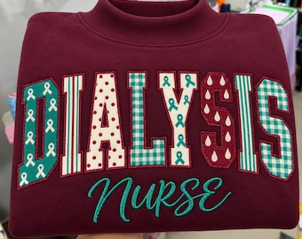 Embroidered Dialysis Nurse Mockneck Sweatshirt, Nephrology Applique Ribbon Crewneck, Renal Care Hospital Sweater, Nursing Student Gift