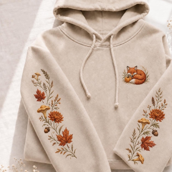 Embroidered Fox Hoodie, Sleeping Fox Pumpkin Sweatshirt, Cottagecore Autumn Leaves Sleeve Embroidery, Woodland Fox Fall Hoodie