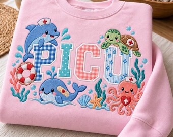Embroidered PICU  Ocean Animal Nurse Applique Gingham Sweatshirt, Pediatric ICU RN Sweater, Applique Sea Life Nursing Student Hospital Gift