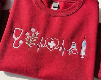 Embroidered Floral Nurse Sweatshirt, Nurse Appreciation Tee, NICU Staff Graduation Crewneck, RN Floral Shirt, PICU Nurse Shirt Gift