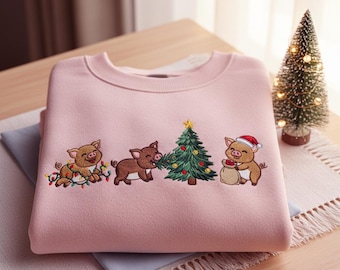 Sudadera navideña bordada con cerdito, adorable camiseta navideña con cerdito, cuello redondo con animales de granja, regalo de Navidad para ella, sudadera navideña moderna