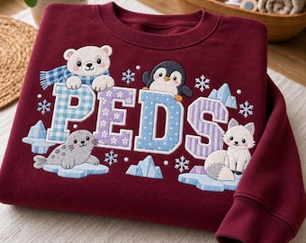 Embroidered Arctic Animals Applique Peds Nurse Sweatshirt, Winter Animal Pediatric RN Sweater, Polar Bear Seal Hospital Nurse Gift