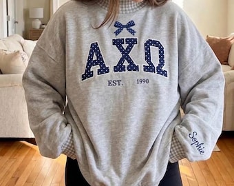 Custom Embroidered Alphabet Greek Sweatshirt, Alpha Chi Omega Greek Letter Crewneck, Sorority Polka Dot Bow Sweater, College Grad Gift