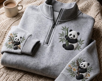 Panda broderad tröja med kvarts dragkedja, bambu blommig tröja med ärmar, Woodland Cottagecore-tröja, present till pandaälskare