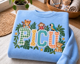 Embroidered Jungle Animal PICU Applique Nurse Sweatshirt, Gingnham Pediatric ICU RN Sweater, Safari Hospital Nursing Student Gift Top