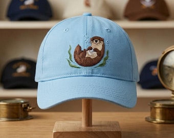 Embroidered Sea Otter with Shell Hat, Marine Animal Wash Dad Cap, Ocean Lover Gift, Floating Otter Headwear Animal Lover Cap, Nature Otter