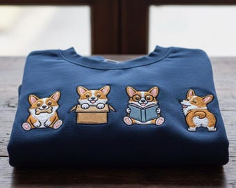 Sudadera bordada con diseño de Corgi, ideal para amantes de los libros, ideal para perros lectores, con cuello redondo y diseño de hueso de Corgi galés, ideal para mamás de perros, ideal para perros amantes de los libros.