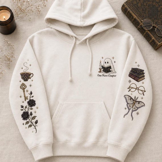 One More Chapter Ghost Hoodie, Bookish Embroidered Sweatshirt, Gothic Floral Moth Sleeve Pullover, Dark Academia Book Lover Gift