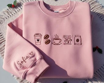 Personalized Coffee Lover Embroidered Sweatshirt, Barista Gift, Custom Name Latte Hoodie, Coffee Icons Sweater, Christmas Cozy Gift