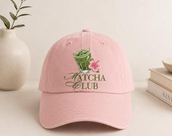 Matcha Club bestickter Hut, rosa geeiste Matcha-Kappe, Geschenk für grünen Tee, niedlicher Coffee Shop Papa-Hut, Blumensommer-Baseballkappe