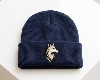 Embroidered Wolf Beanie Hat, Minimalist Fox Head Cuffed Knit Cap, Cozy Winter Skull Hat, Wildlife Nature Lover Outdoor Unisex Warm Gift