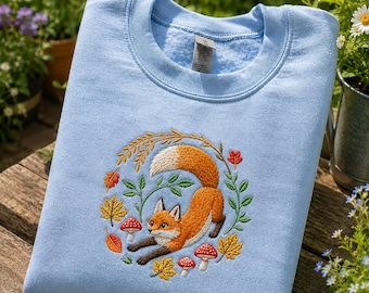 Floral Fox Embroidered Sweatshirt, Woodland Animal Gift, Nature Lover Cozy, Gift For Her Who Lover Fox