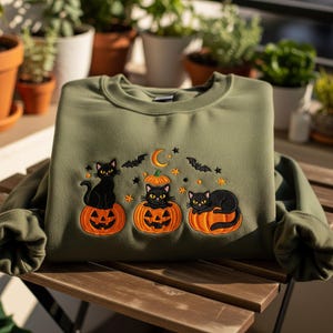 Embroidered Halloween Black Cat Embroidered Sweatshirt, Pumpkin Fall Crewneck, Cat Lovers Tee, Spooky Season Shirt, Cozy Autumn Hoodie