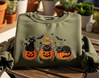 Sudadera con bordado de gato negro de Halloween, cuello redondo de calabaza otoñal, camiseta para amantes de los gatos, camiseta de temporada espeluznante, sudadera acogedora con capucha otoñal