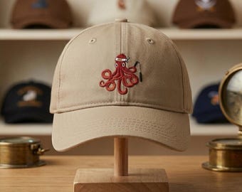 Embroidered Red Octopus Washed Dad Hat, Coastal Baseball Cap, Octopus Baseball Hat, Ocean Animal Cap, Ocean Lover Gift, Custom Sportswear