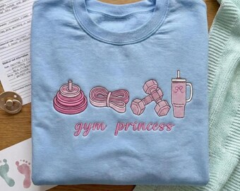 Gym Princess Embroidered Sweatshirt, Gym Lover Crewneck, Weightlifting Sweater, Kettlebell Dumbbell Workout T-Shirt, Trainer Gift, Fitness