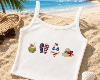 Embroidered Tank Top Patriotic Bikini, Coconut Flip Flops Seashell Vacation, Gift For Women Summer Coastal Outfit, Bikini Vacation