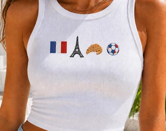Frankreich besticktes Tanktop, Paris Croissant Fußballshirt, Sommer Crop Top mit französischer Flagge, Geschenk für Fan Girls, Spieltag Outfit