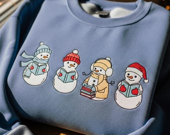 Sudadera navideña bordada con muñeco de nieve, bonita sudadera navideña de cuello redondo para mujer, camisa familiar a juego de invierno, sudadera con capucha para Navidad