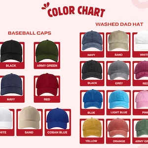 Puede incluir: Una carta de colores que muestra varias gorras de b&eacute;isbol y gorras estilo dad hat lavadas en m&uacute;ltiples colores, incluyendo negro, verde militar, azul marino, rojo, blanco, arena, azul coban, gris, azul, azul claro, rosa, amarillo y naranja.
