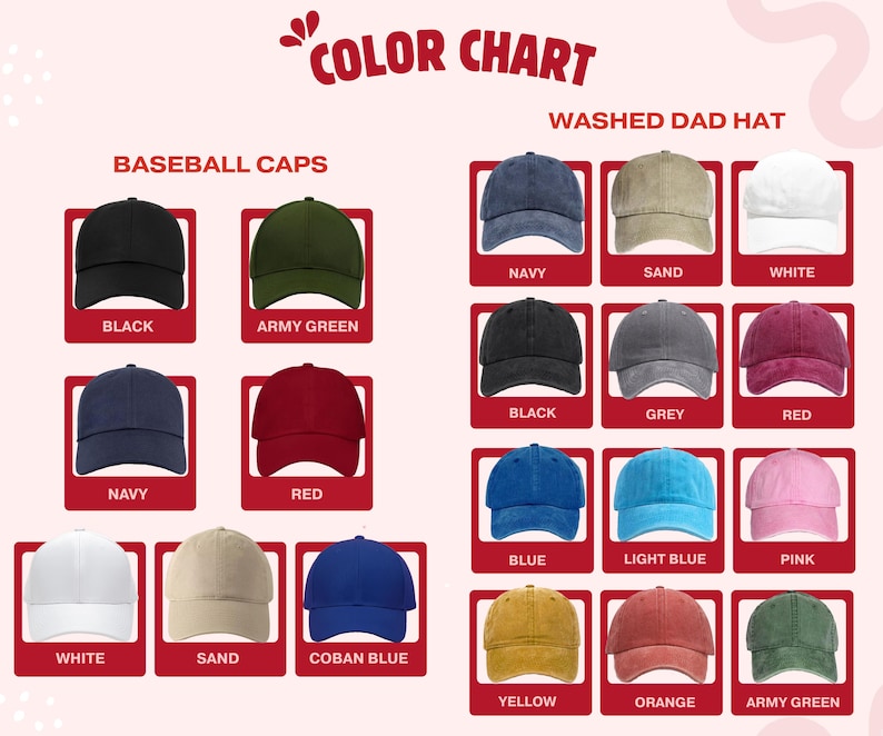 Puede incluir: Una carta de colores que muestra varias gorras de b&eacute;isbol y gorras estilo dad hat lavadas en m&uacute;ltiples colores, incluyendo negro, verde militar, azul marino, rojo, blanco, arena, azul coban, gris, azul, azul claro, rosa, amarillo y naranja.