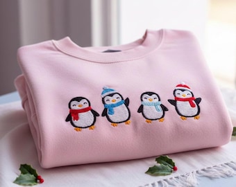 Sudadera navideña con pingüino bordado, camiseta con luces navideñas de pingüino, sudadera con capucha para amantes de los animales, regalo navideño de cuello redondo para mujer