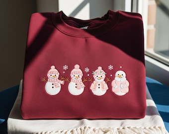 Sudadera navideña con muñeco de nieve bordado, bonita sudadera navideña de cuello redondo para mujer, camisa familiar a juego de invierno, sudadera con capucha para Navidad