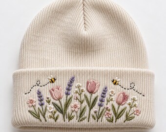 Embroidered Goose Beanie, Cottagecore Duck Winter Knit Hat, Floral Bonnet Goose Embroidered Skull Cap, Cute Cuffed Beanie Fall Unisex Gift