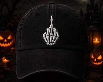 Skelett Hand Mittelfinger Halloween schwarze Mütze, Halloween schwarze Baseballmütze, Goth Spooky Dad Hut, lustiges unhöfliches Geschenk, Horror-Liebhaber Cap