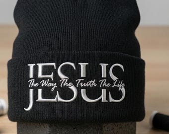 Embroidered Jesus Beanie Hat, The Way Truth Life Faith Knit Cap, Christian Bible Verse Cuffed Skull Cap, Church Worship Religious Gift