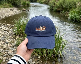 Embroidered Sea Otter Bookish Hat, Otter Reading Book Dad Cap, Book Lover Gift, Floating Otter Headwear Animal Lover Cap, Nature Otter