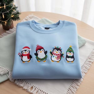 Penguin Christmas Embroidered Sweatshirt, Xmas Lights Penguin Shirt, Animal Lover Hoodie, Holiday Crewneck Gift For Women