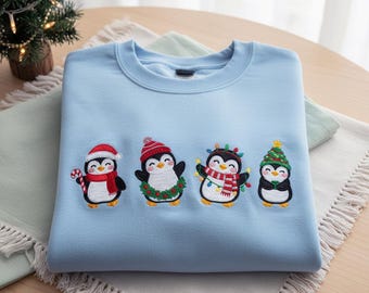 Sudadera bordada de pingüino navideño, camiseta de pingüino con luces navideñas, sudadera con capucha para amantes de los animales, regalo navideño de cuello redondo para mujer